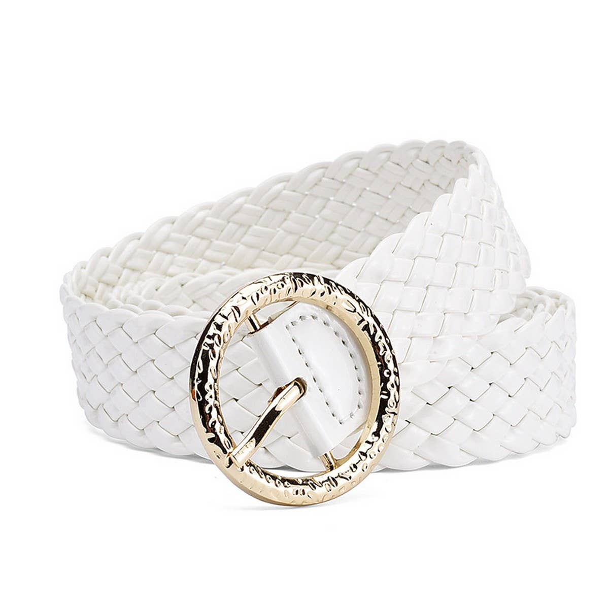 METAL ROUND BUCKLE PATENT LEATHER BRAIDED WIDE BELT