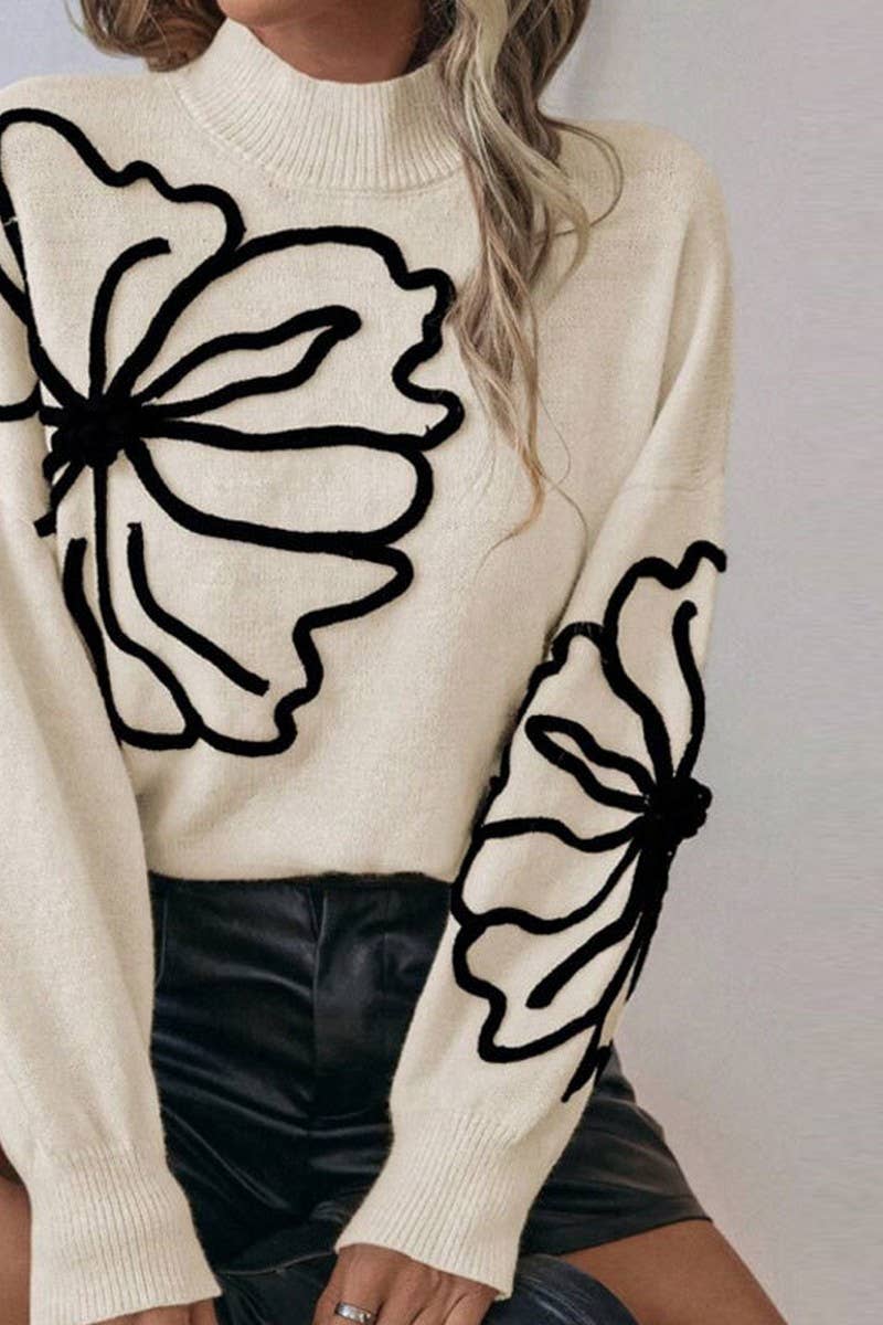 CWOSWL07303_EMBROIDERED 3D FLORAL HIGH NECK KNIT SWEATER