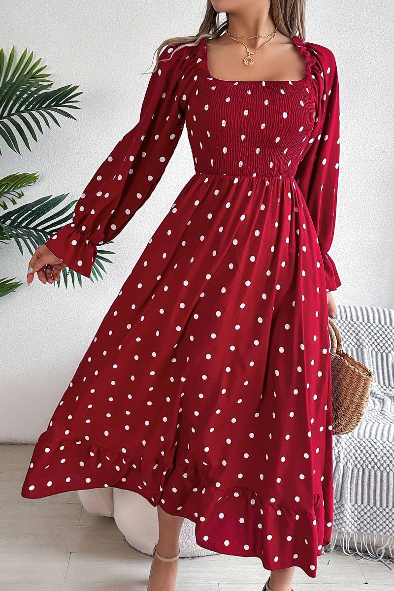 CWDSD5771_AUTUMN LONG-SLEEVED POLKA DOT DRESS MID-LENGTH
