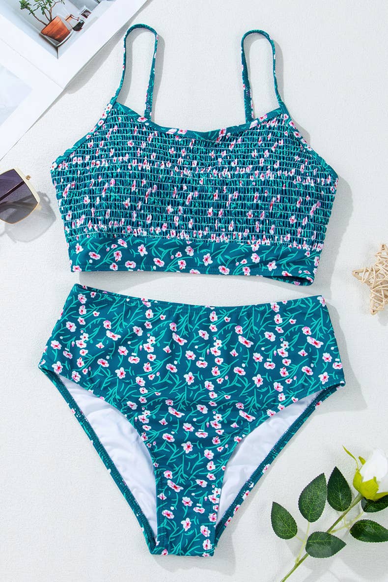 Fashion trend floral print high-waisted swimsuit
