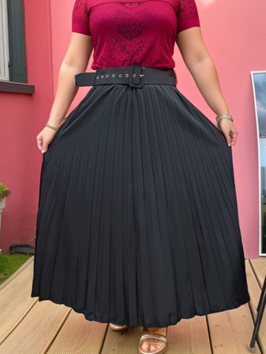 Solid-color fashionable belt pleated skirt
