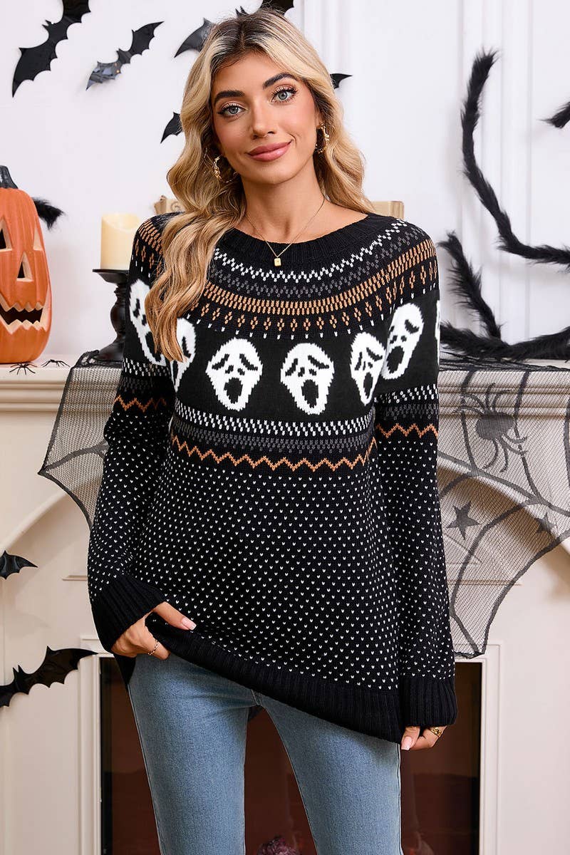 CWOSWL07357_LOOSE HALLOWEEN SKULL JACQUARD CREWNECK SWEATER