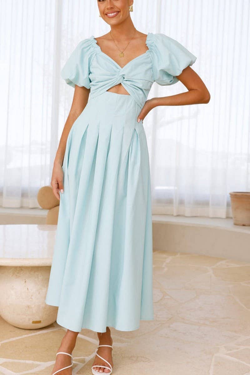 CWDMD5652_SOLID V-NECK LONG PUFF SLEEVE SLIM MAXI DRESS