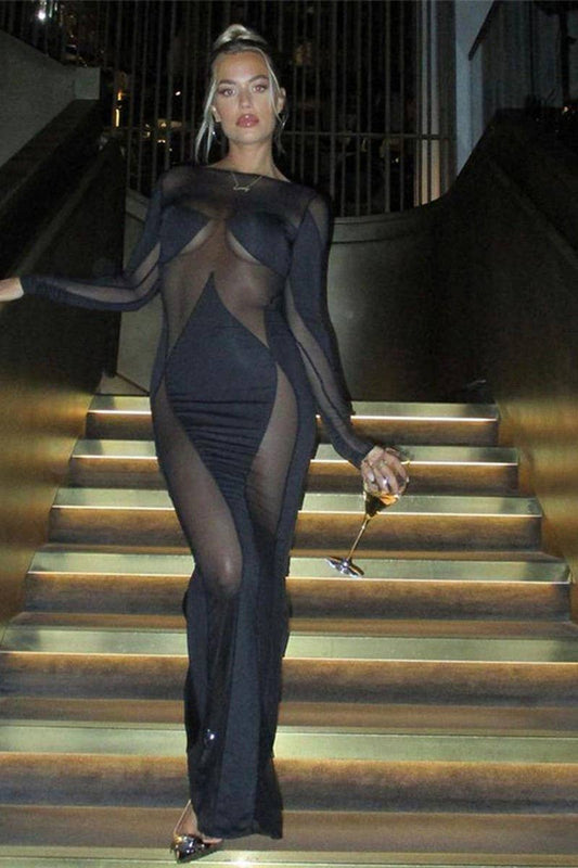 CWDMD4280_SEE-THROUGH MESH STITCHING SLIM-FITTING DRESS