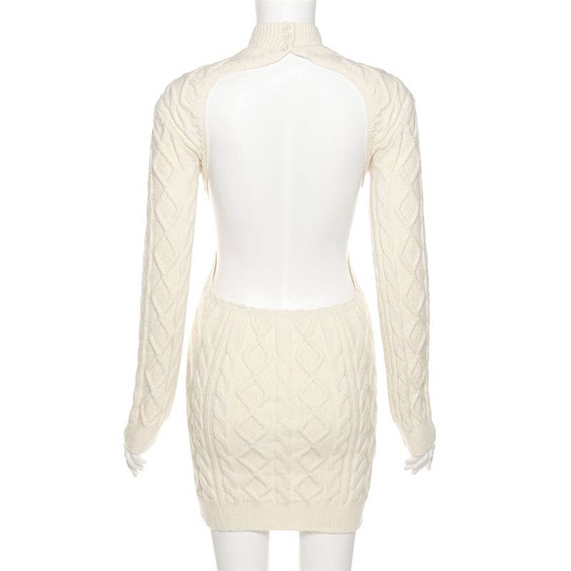 LONG-SLEEVED BACKPACK-BARE HIP KNIT DRESS