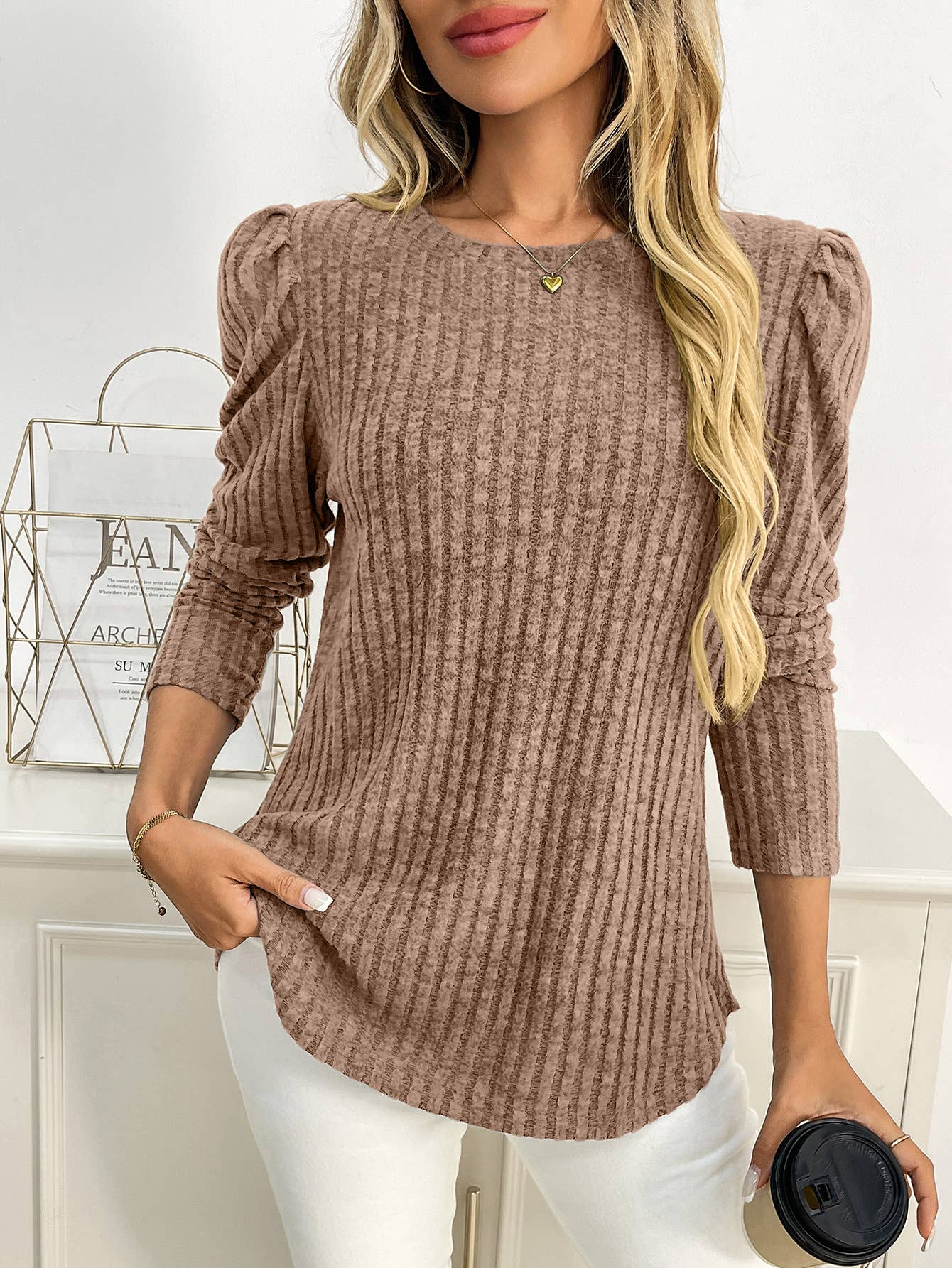 Round-neck puffed-sleeve brushed striped T-shirt