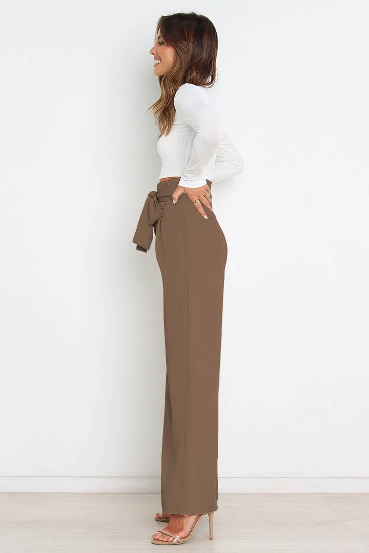 WOMEN TIED WAIST WIDE LEG OFFICE WORK PANTS