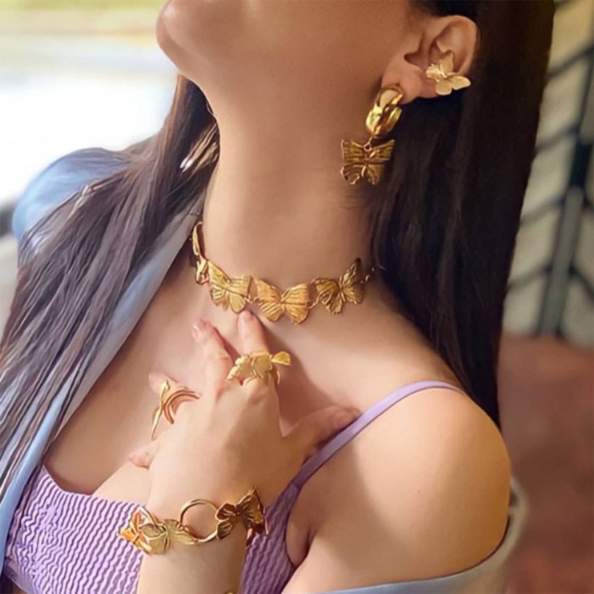 VINTAGE BUTTERFLY NECKLACE EARRINGS RING SET