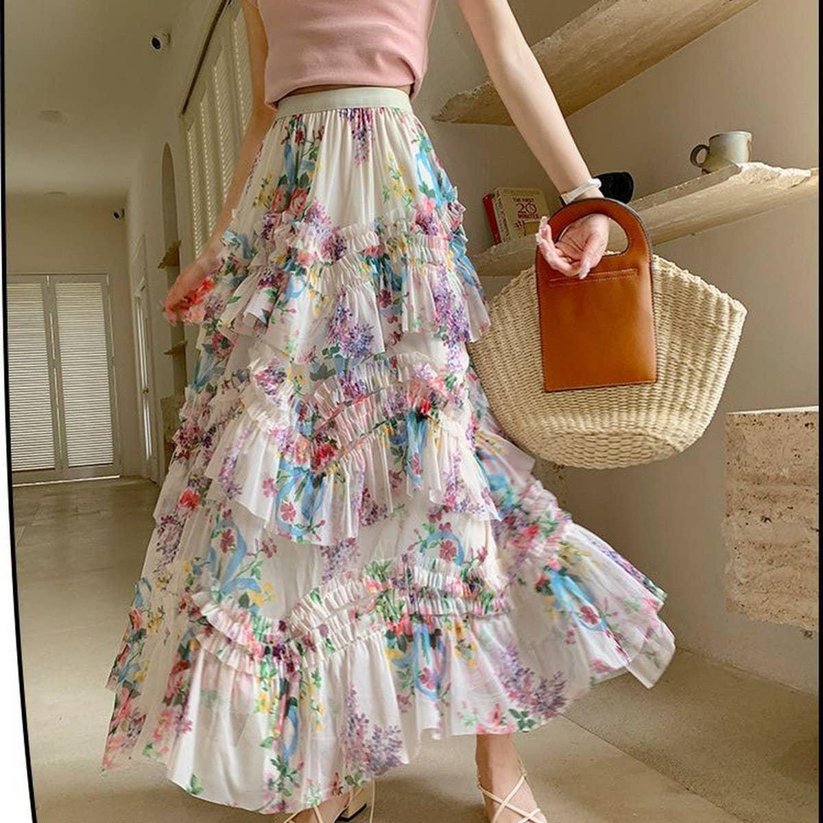 COLORFUL FLORAL MESH PRINT PLEATED TULLE SKIRT