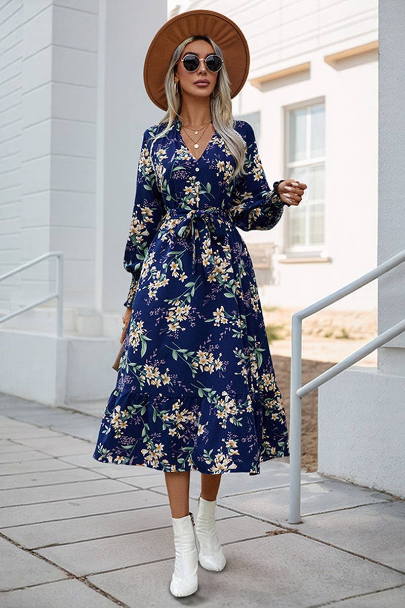 CWDMD01041_V-NECK LONG SLEEVE FLORAL PRINT DRESS