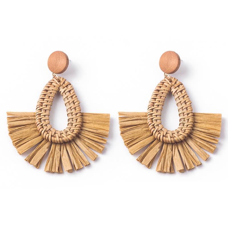 Hand-woven geometric rattan raffia earrings