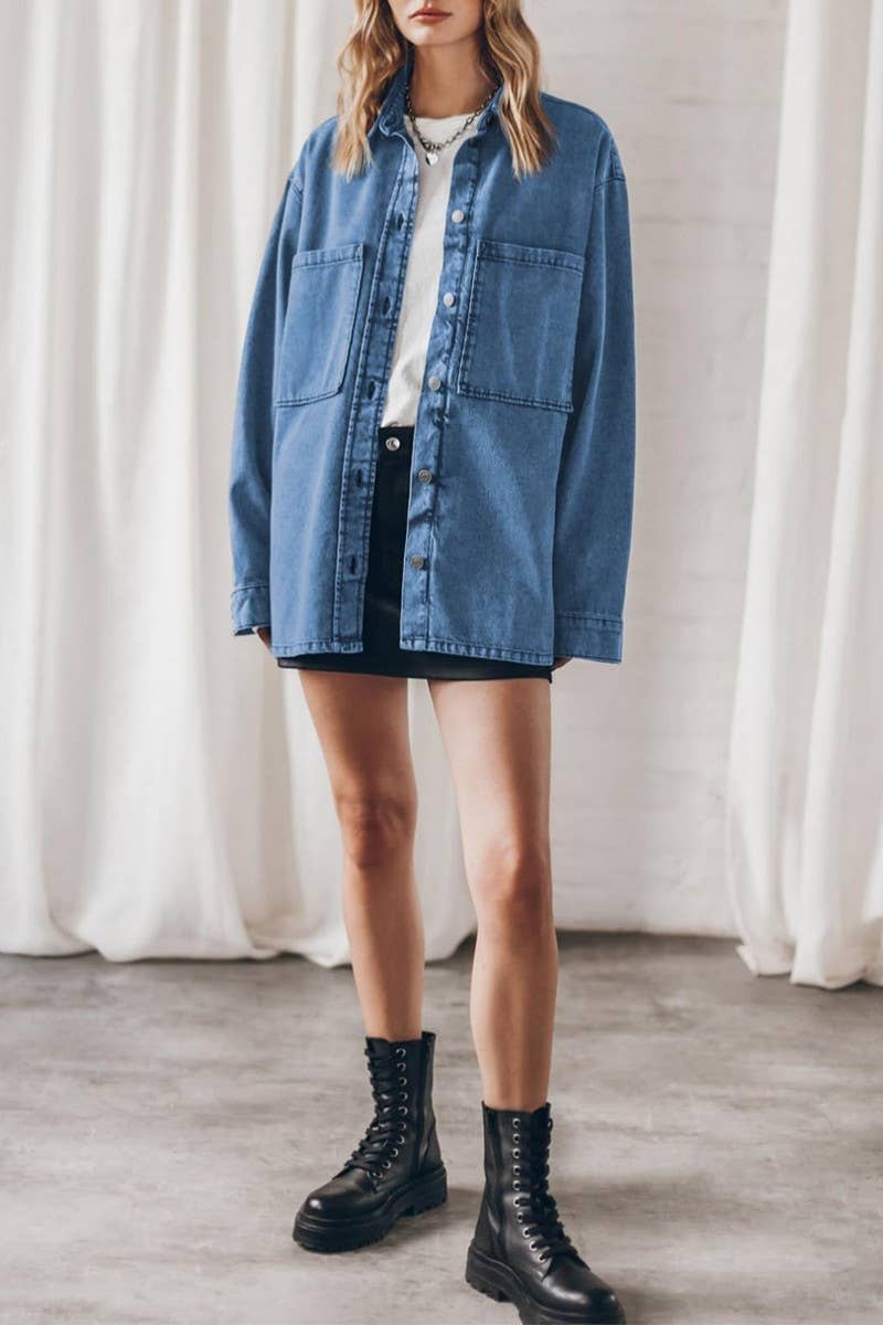 CWOCO1183_VINTAGE BLUE DENIM POCKETED LOOSE SHIRT