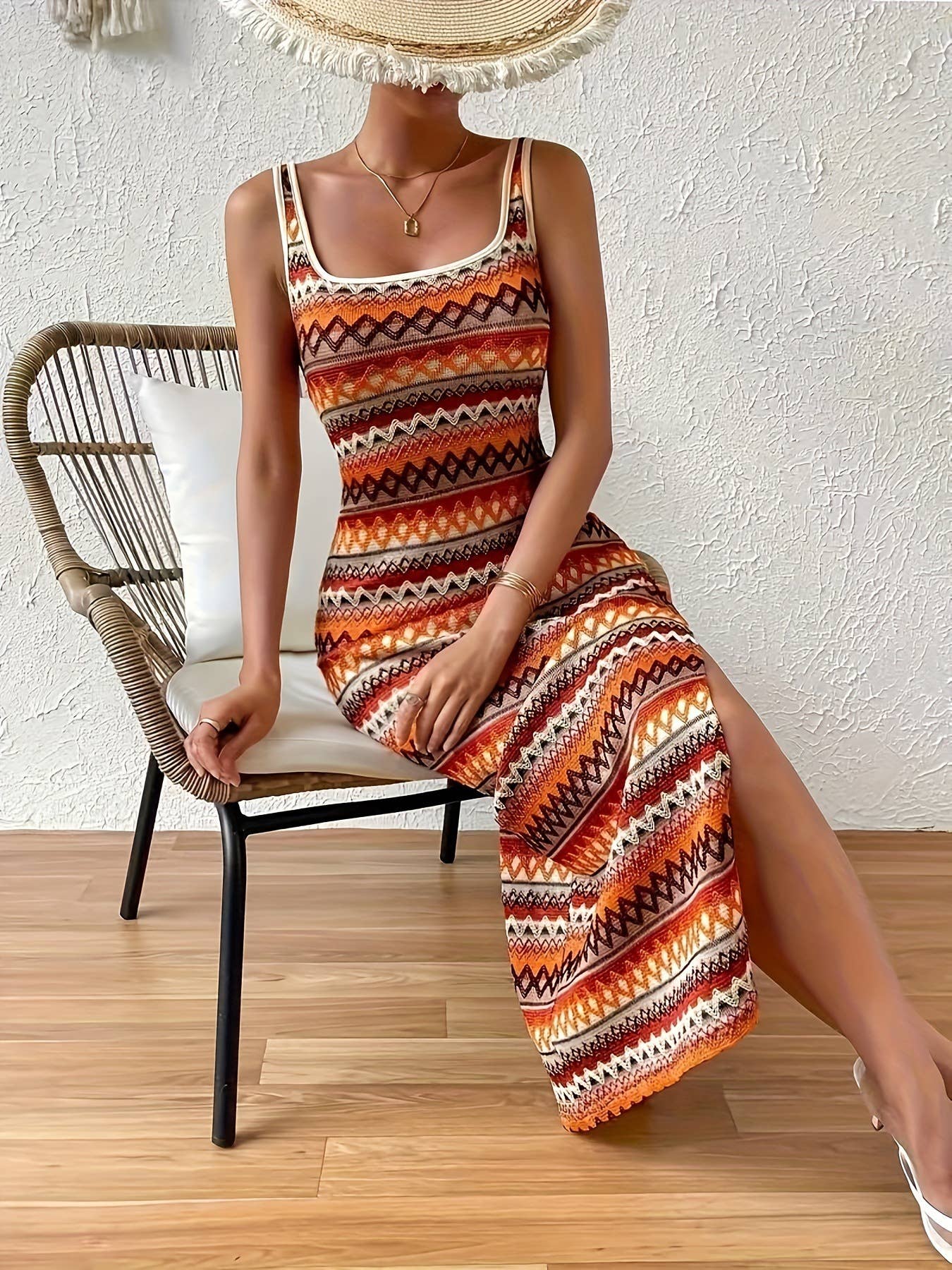 Stylish striped sleeveless square neck dress
