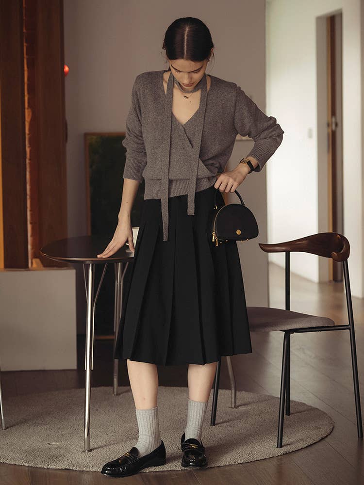 Pleated draping feeling retro high waist skirt