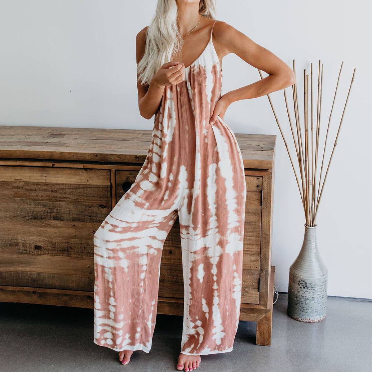 Abstract printed strappy sexy wide-leg jumpsuit