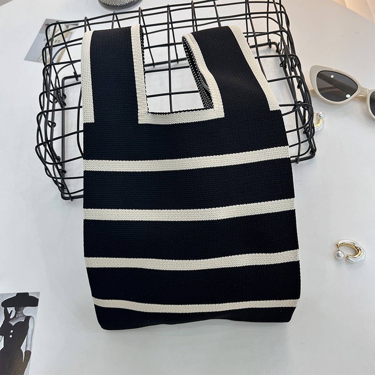 CUAB00622_CHECKERED KNIT SHOULDER BAG WOMEN WOVEN PURSE