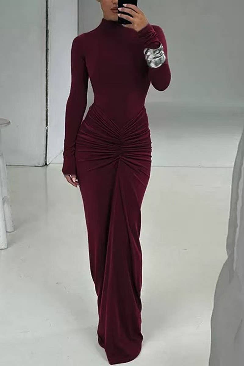 CWDMD01201_SLIM FIT SOLID COLOR PLEATED SEXY HIP DRESS