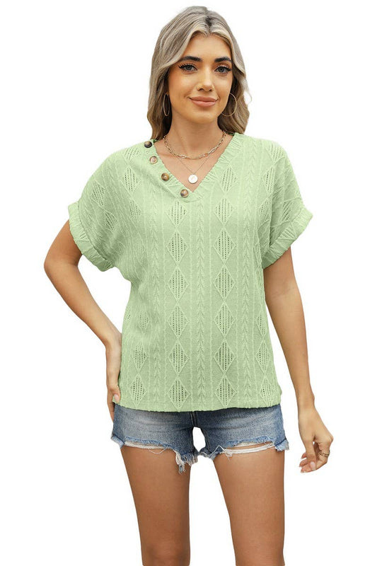 Cwtbls1704_V-Neck Jacquard Button Short-Sleeved Hollow Top
