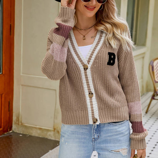 V-NECK LOOSE SWEATER JACKET PREPPY KNIT SWEATER