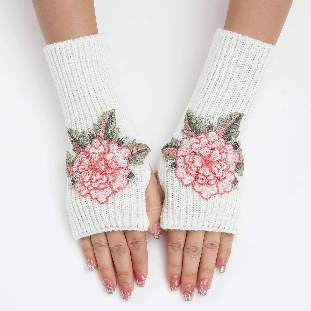 FLOWER WARM KNITTED WOOL GLOVES AND SLEEVES_CWAG0109