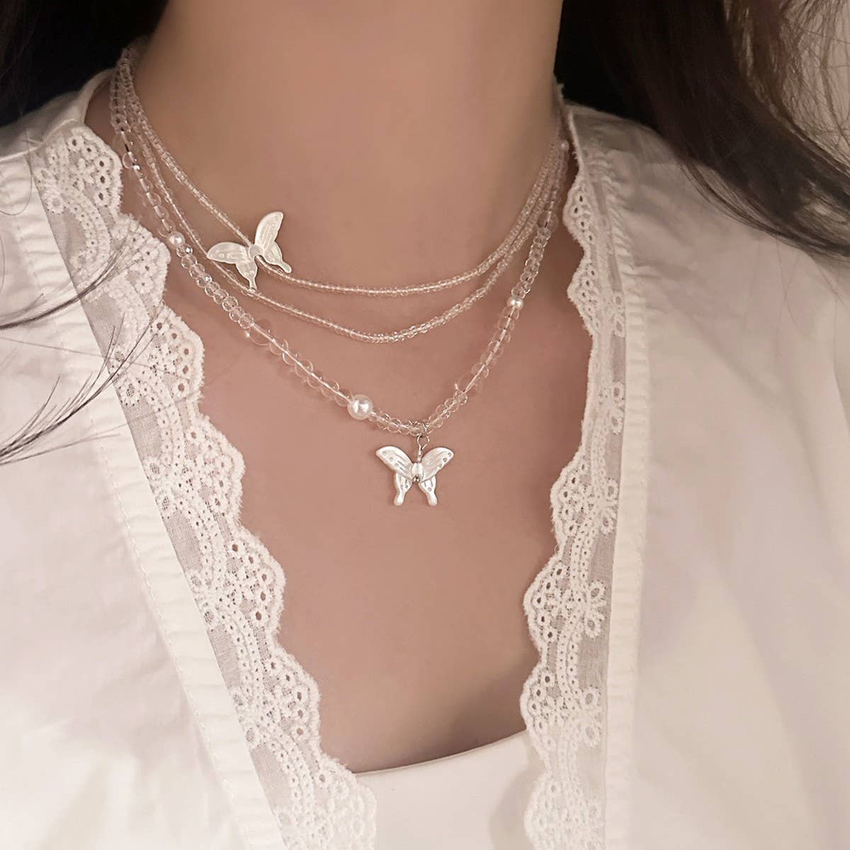 TRANSPARENT CRYSTAL BEADED BUTTERFLY NECKLACE