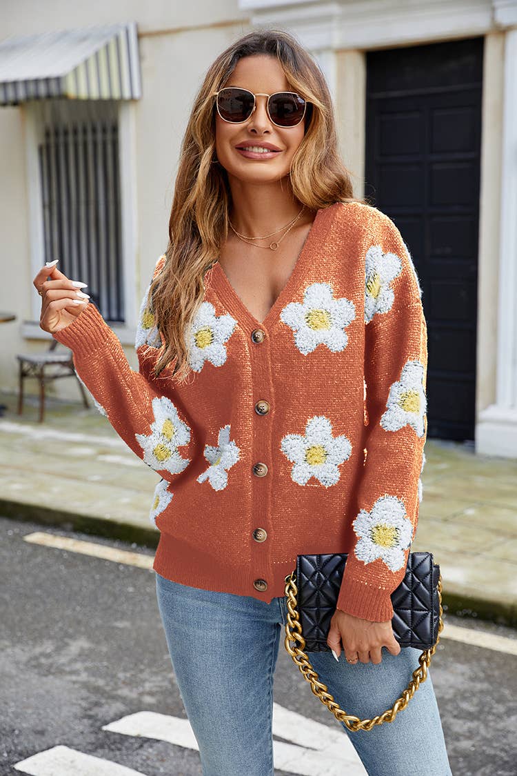 THREE-DIMENSIONAL FLOWER V-NECK CARDIGAN
