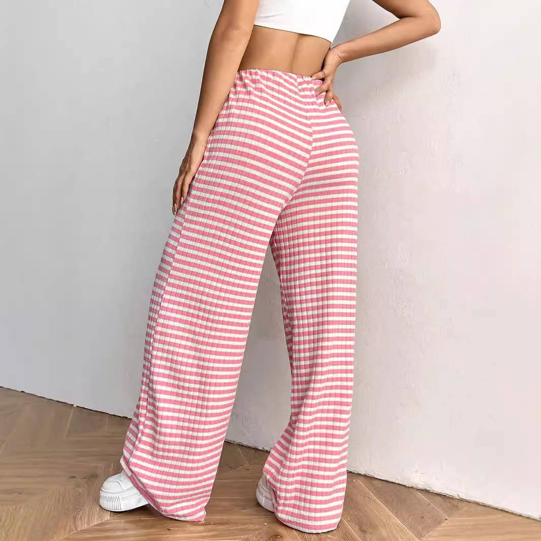 STRIPED RUBBER STRING COTTON STRAIGHT LEG PANTS