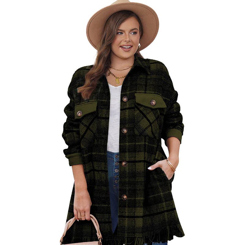 Stylish fringe pocket plaid blouse jacket for women