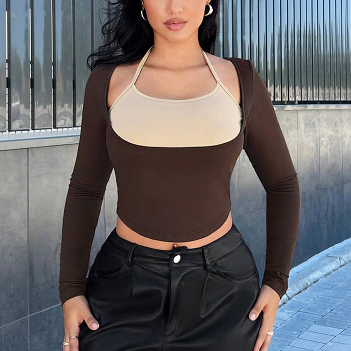 FAKE TWO HOLLOWED-OUT HALTER LONG-SLEEVED TOP