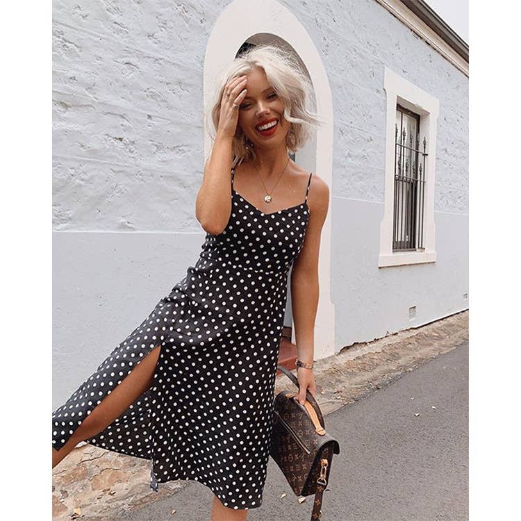 Polka dot printed slit halter dress
