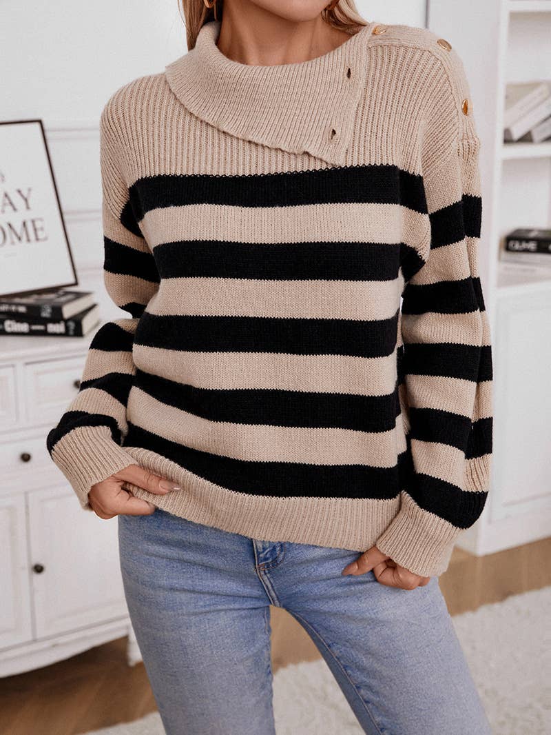 Lapel shoulder buckle color-blocking sweater