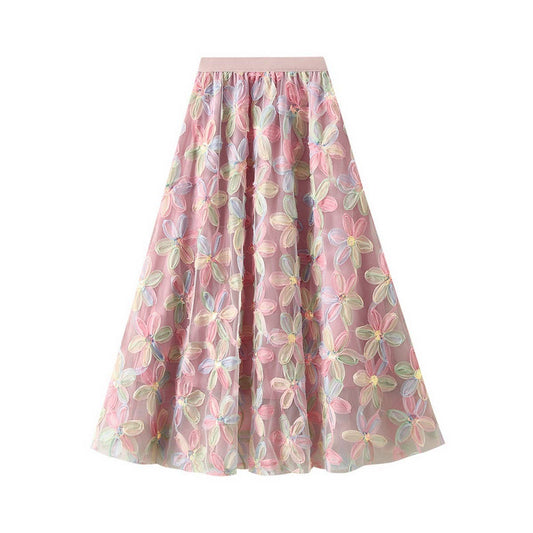 HEAVY FLOWER SEQUIN FAIRY GAUZE SKIRT A-LINE SKIRT