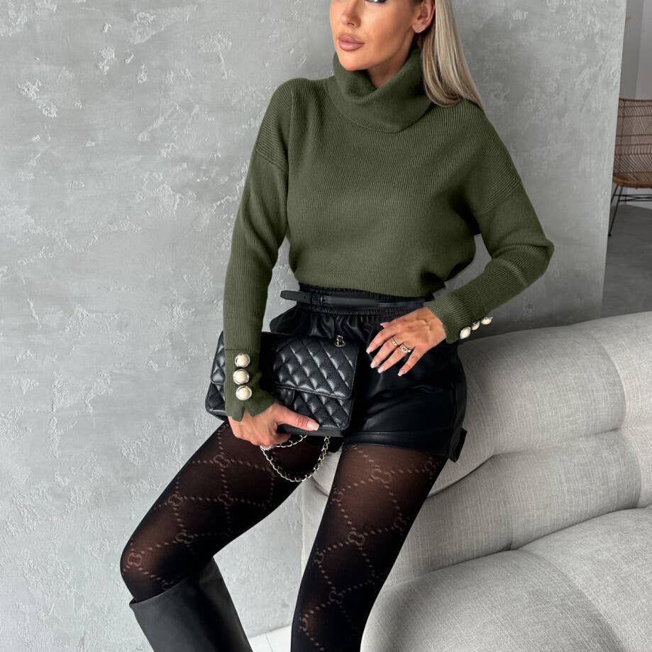 STRIPED TURTLENECK CUFF BUTTON CASUAL SWEATER