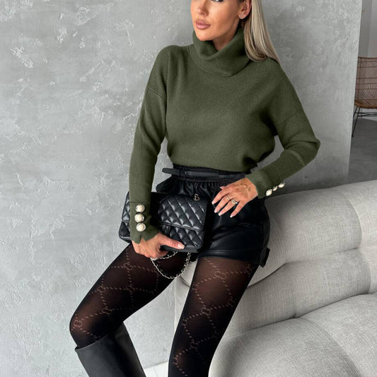 STRIPED TURTLENECK CUFF BUTTON CASUAL SWEATER