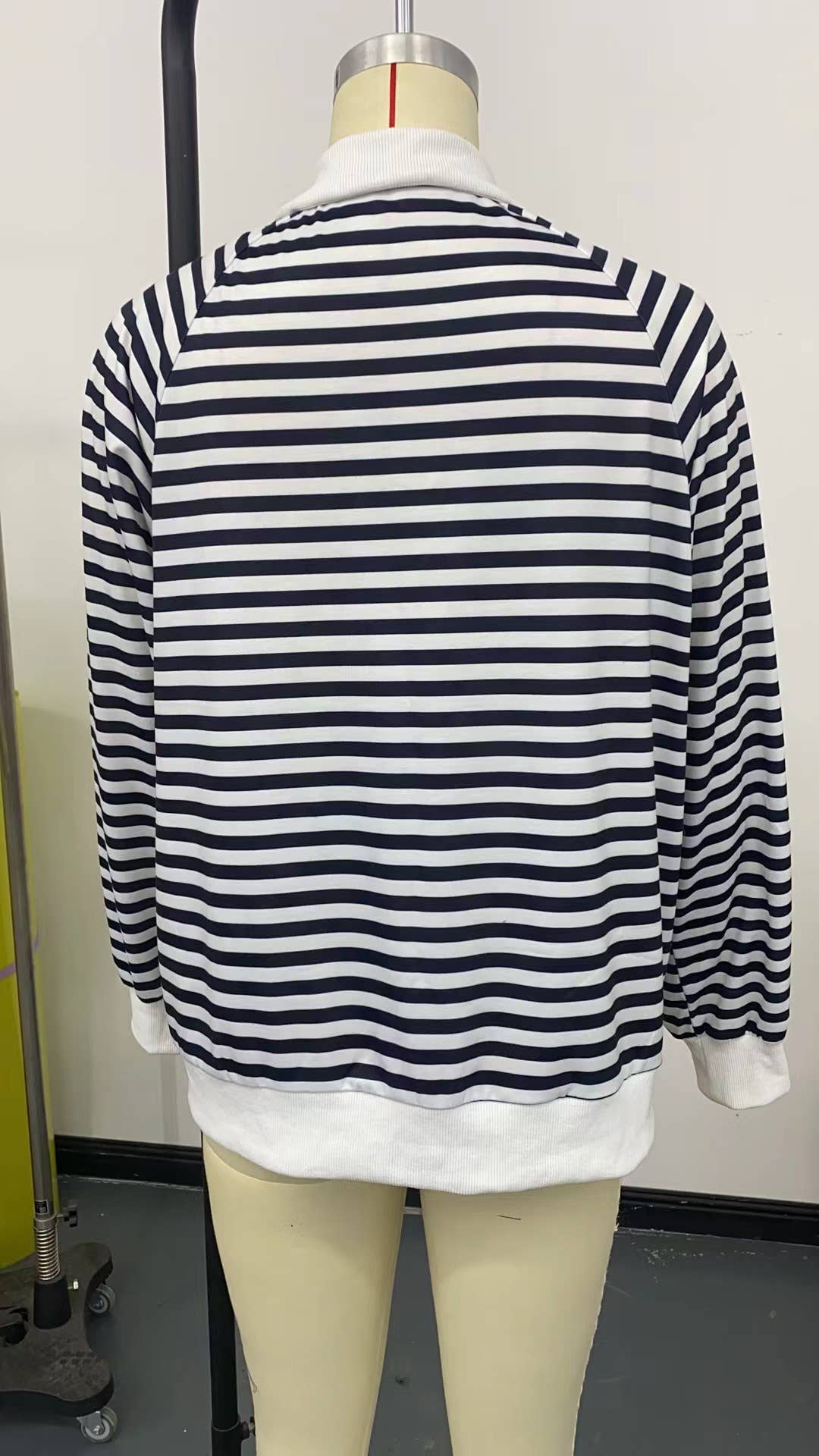 Striped lapel color-blocking zipper cardigan