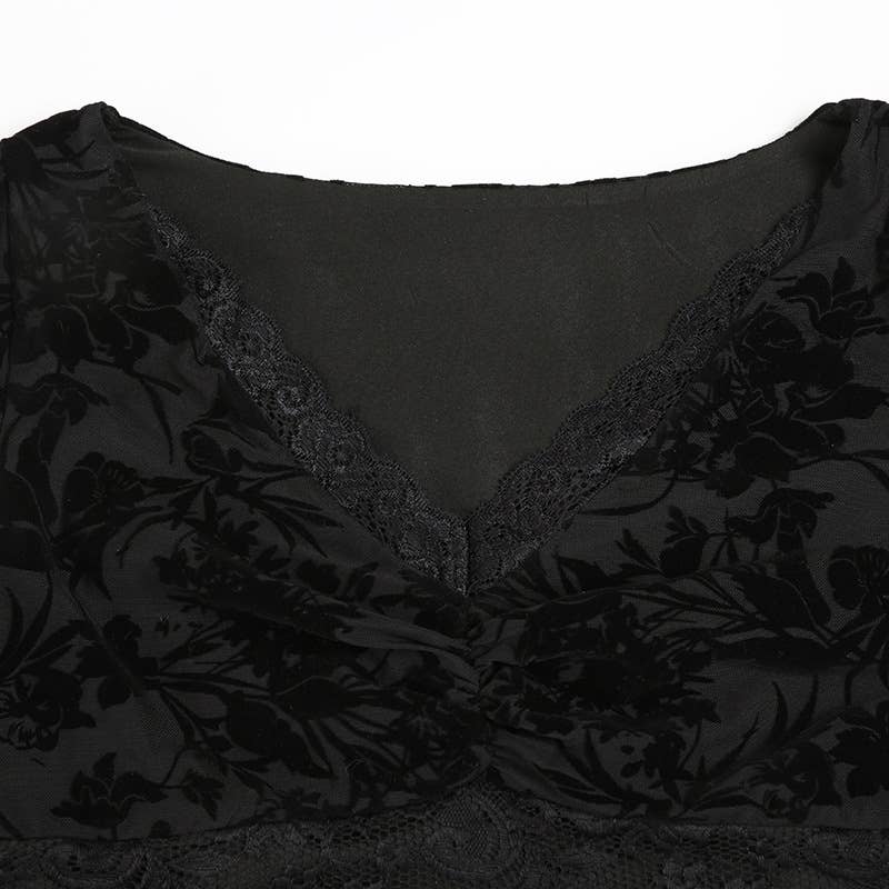 Sexy lace see-through splicing V-neck T-shirt