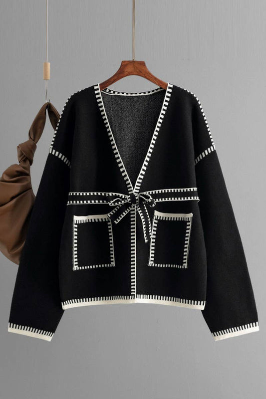 CWOCAL00666_TIE WAIST LONG SLEEVE CASUAL KNIT CARDIGAN