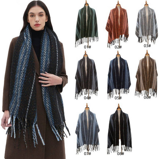 Striped Fringe Scarf ??Winter Knitted Shawl_CWASC0880