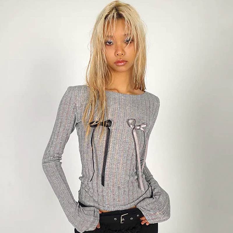 SOLID COLOR BOW ROUND NECK FASHION CASUAL TOP