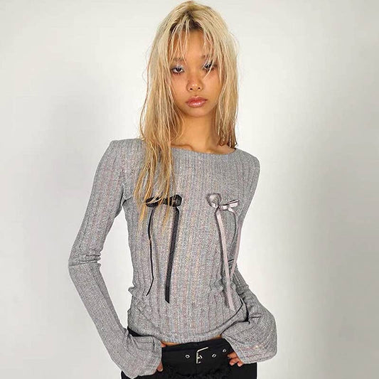 SOLID COLOR BOW ROUND NECK FASHION CASUAL TOP