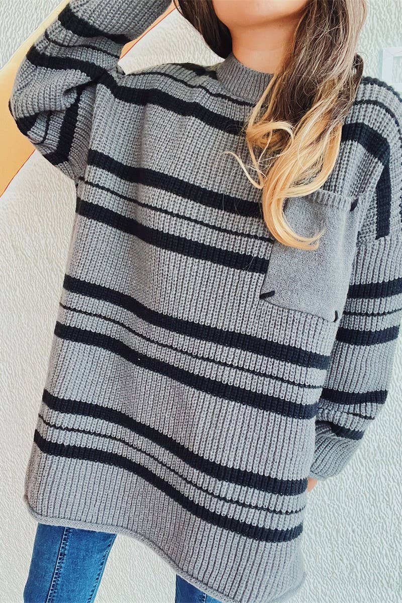 Thick pin stripe color contrast round neck pullover