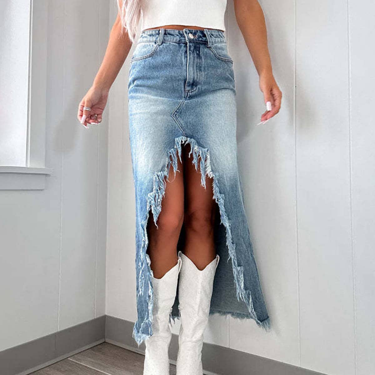 High-Waisted Asymmetrical Frayed Denim Skirt
