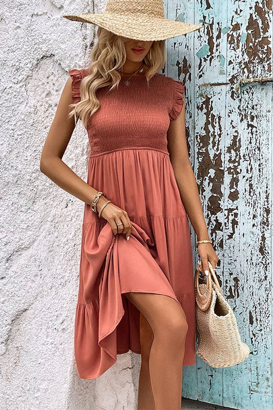 CWDSD2749_Round Neck Sleeveless Smocking Detailed Dress