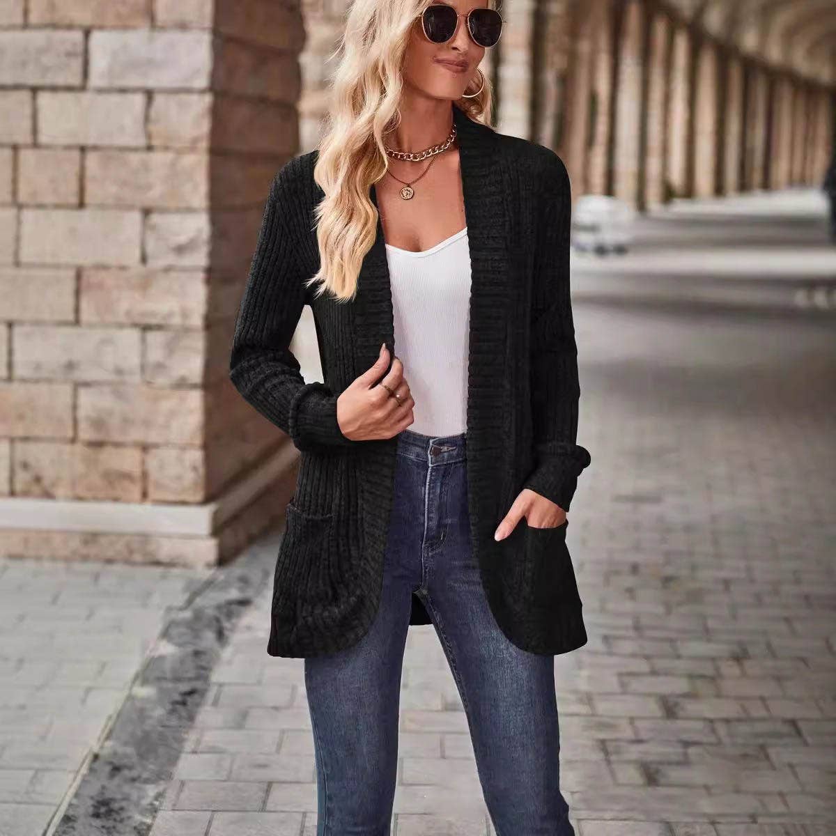 SOLID COLOR WOOLEN PATCHWORK LONG SLEEVE CARDIGAN