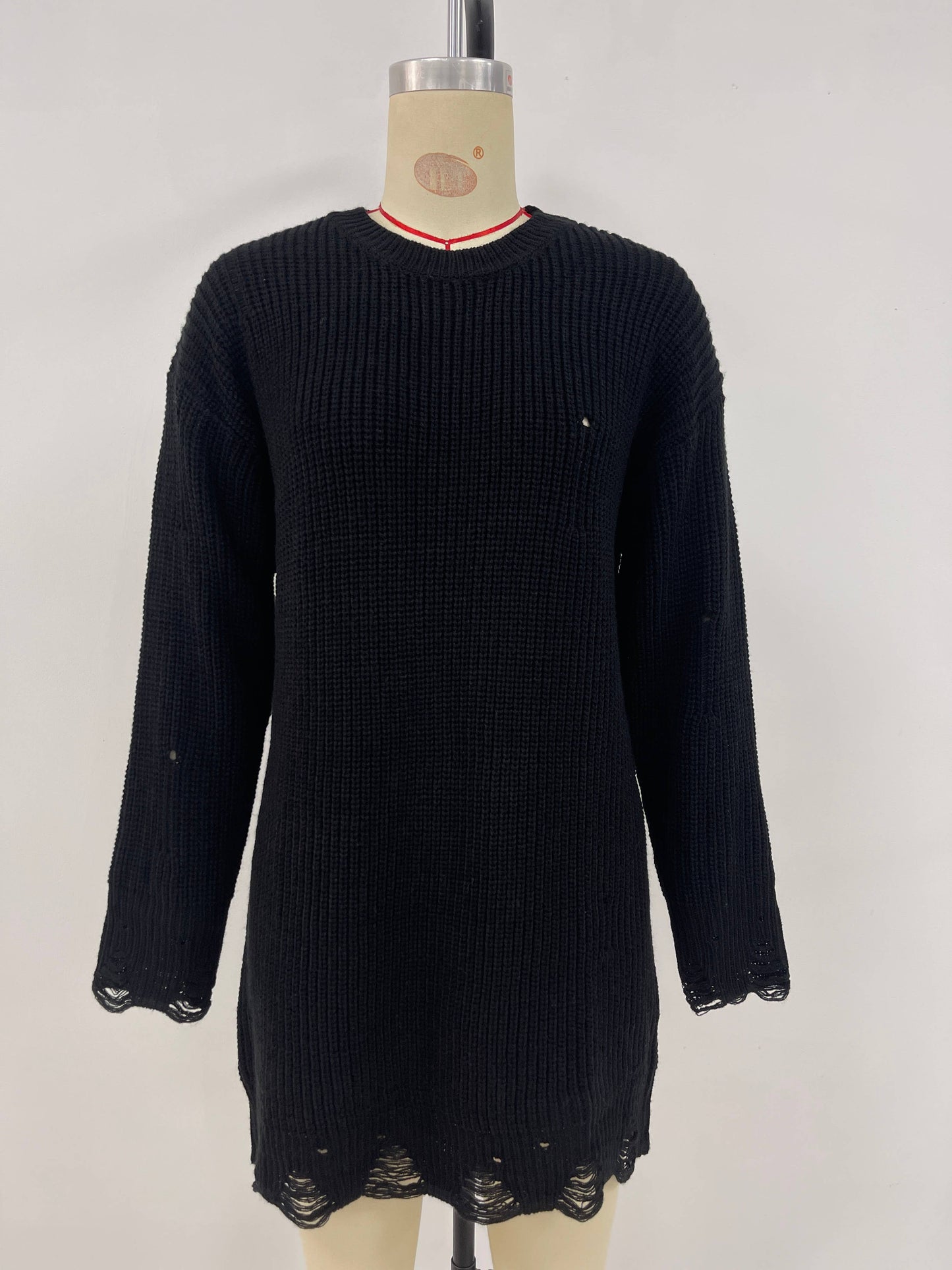 Pure color round collar hem hole loose dress