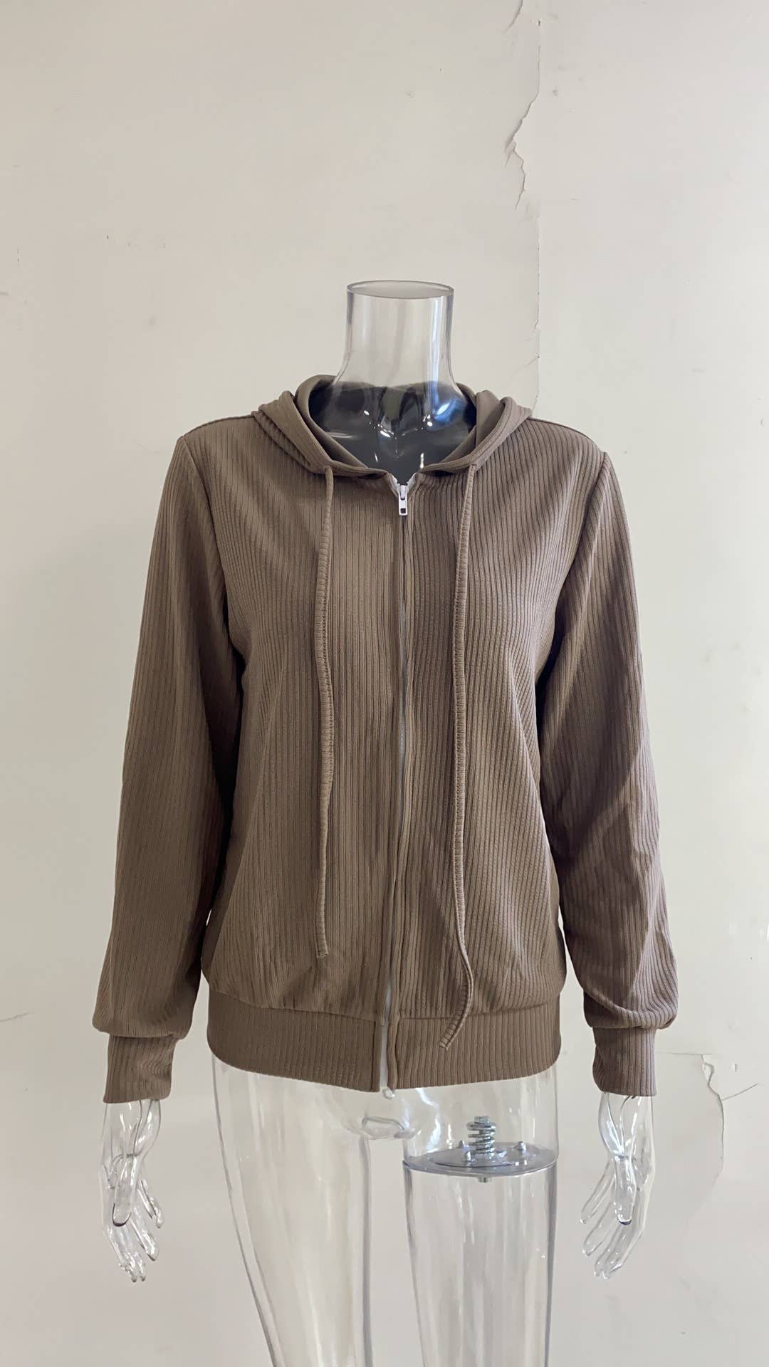 SOLID COLOR KNIT ZIPPER HOODED CARDIGAN COAT