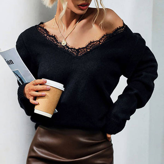 LACE LONG SLEEVE SOLID COLOR V-NECK SWEATER