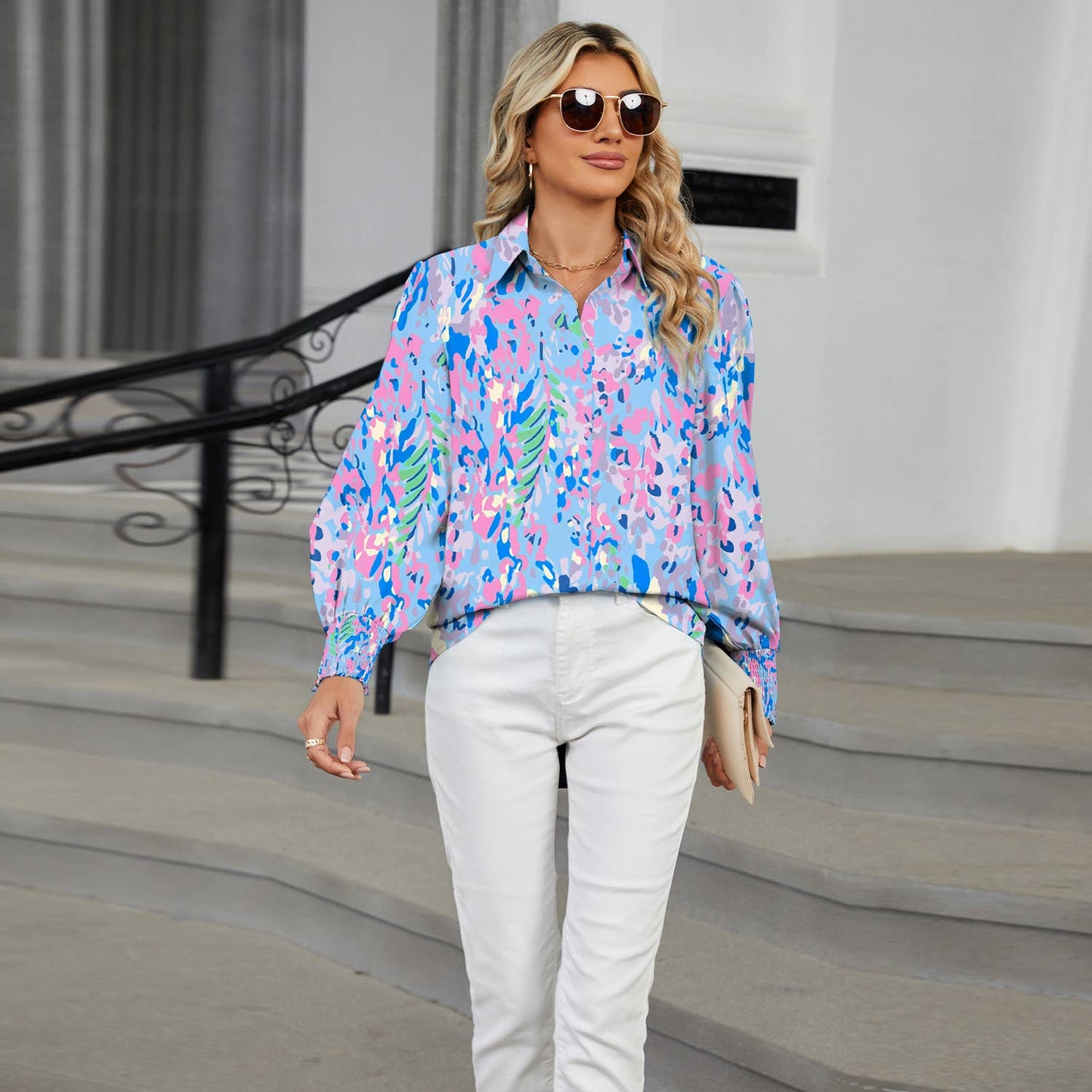 LAPEL FLORAL PRINT CASUAL LONG-SLEEVED SHIRT