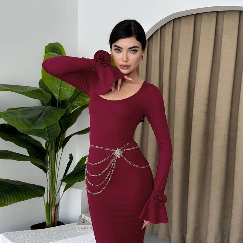 ELEGANT CREW-NECK ROSE LONG-SLEEVED DRESS