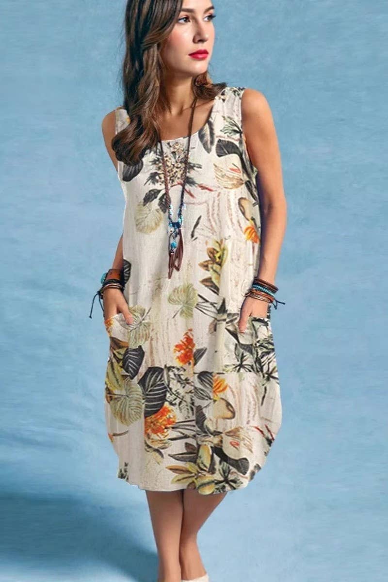 CWDSD8786_FASHION PLANT PRINT ROUND NECK POCKET CASUAL DRESS